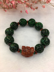 Dark Green Jade Balls Bracelet - Carved (BR169)