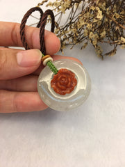 Icy & Red Jade Pendant - Safety Coin & Peony (PE305)