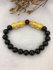 24k Pure Gold Pixiu With Black Jadeite Bracelet (BR208)