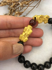 24k Pure Gold Pixiu With Black Jadeite Bracelet (BR208)