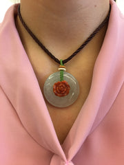 Icy & Red Jade Pendant - Safety Coin & Peony (PE305)