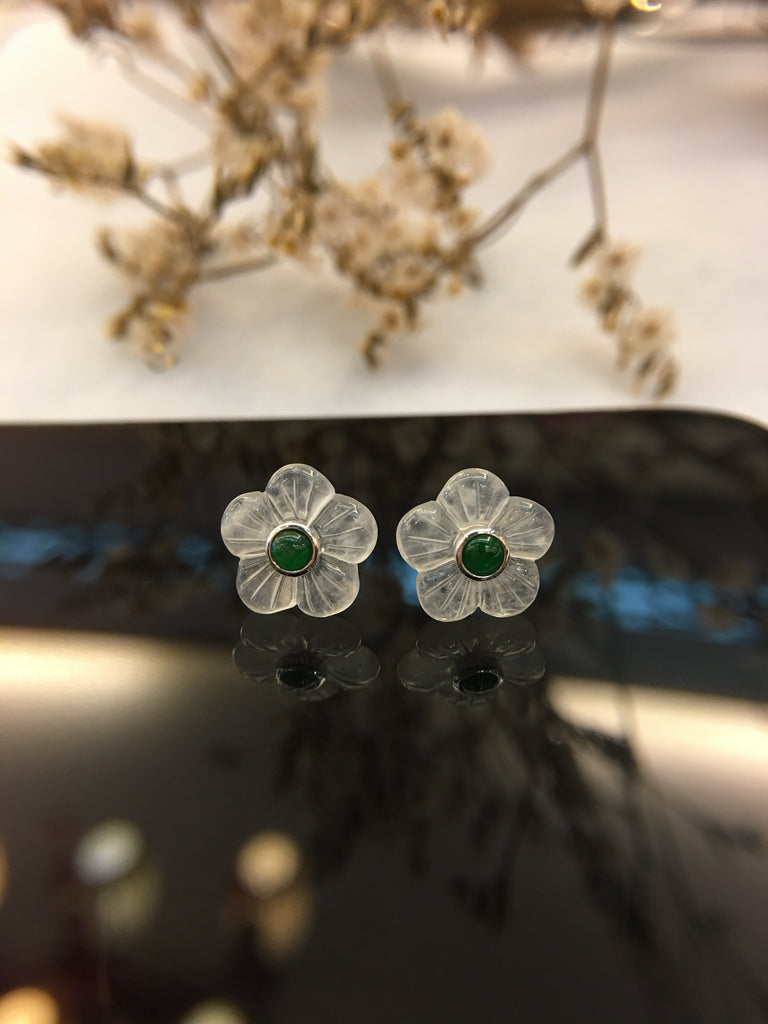 Icy White Jade Earrings - Flowers (EA029)