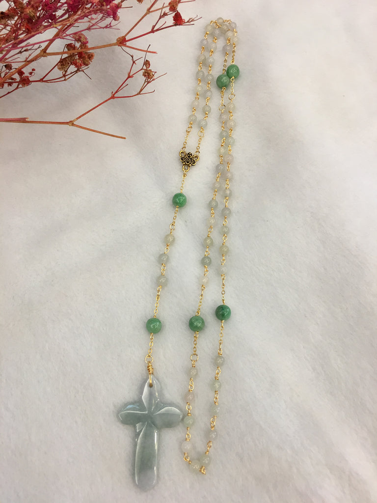 Icy White & Green Jade Rosary Necklace (OT013)