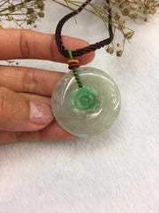 Icy Green Jade Pendant - Safety Coin & Flower (PE250)