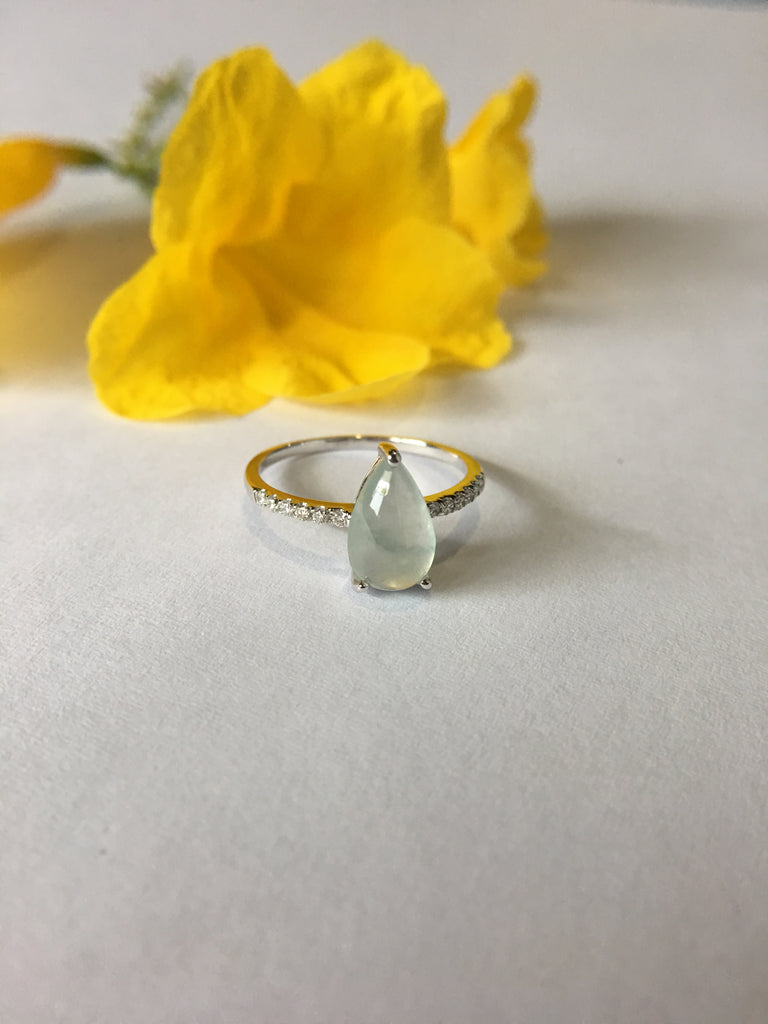 Icy Bluish Flower Jade Ring - Pear Shaped (RI057)