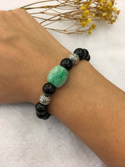 Green Jade Barrel & Black Jade Bracelet (BR130)