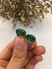 Dark Green Jade Cufflinks - Coins (OT002)