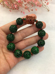 Dark Green Jade Balls Bracelet - Carved (BR169)