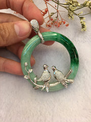Green Jade Pendant - Ring With Birds (PE231)